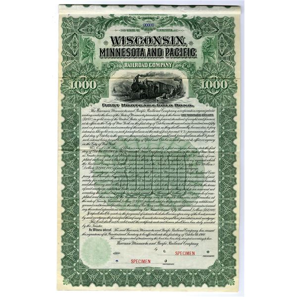 MN. Wisconsin, Minnesota and Pacific Railroad Co., 1900, Specimen 4% Gold Coupon Bond.