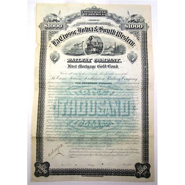 IA. MN. MO., La Crosse, Iowa & South Western Railway Co., 1883, Approval Specimen Coupon Bond.
