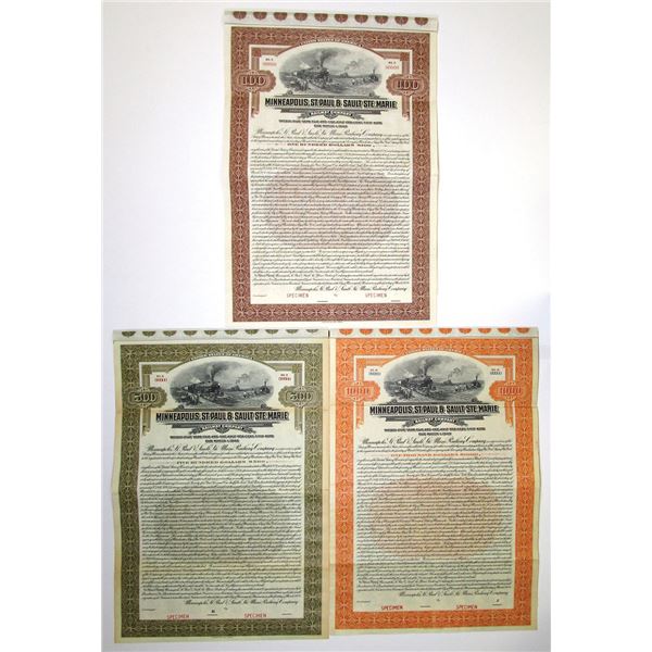MN. Minneapolis, St. Paul & Sault Ste. Marie, 1924, Specimen 5 1/2% Gold Coupon Bond Trio.