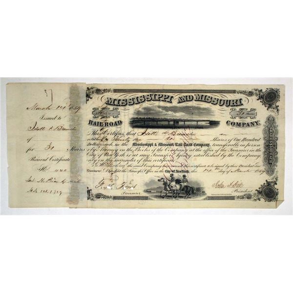 MS & MO. Mississippi & Missouri Railroad Co., 1859, I/C Stock Certificate, signed by "John Dix".