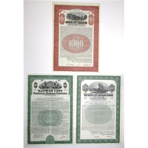 MO. Kansas City Southern Railway Company and Kansas City Terminal Railway Company Specimen Bond Trio