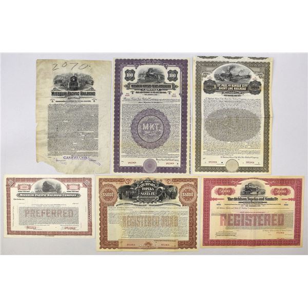 Missouri & Kansas Proof and Specimen Railroad Bond Assortment, 1911 to 1922.