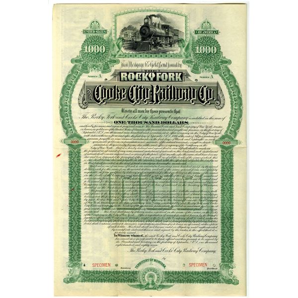 Montana Territory. Rocky Fork and Cooke City Railway Co., 1887 Specimen Gold Bond Rarity