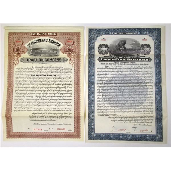 NH & VT. New Hampshire and Vermont  Railroads, 1913 and 1930, Specimen Coupon Bond Pair.