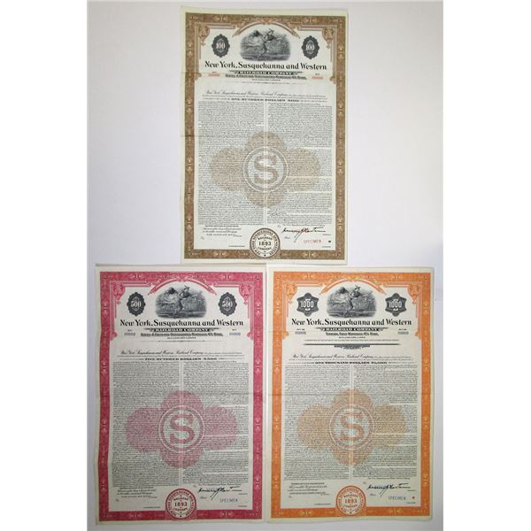 NJ. New York, Susquehanna and Western Railroad Co., 1953, Specimen Coupon Bond Trio.