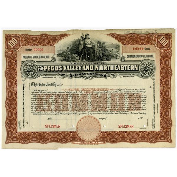 New Mexico Territory. Pecos Valley and Northeastern Railway Co. 189x, (ca.1890s) Specimen Stock Cert