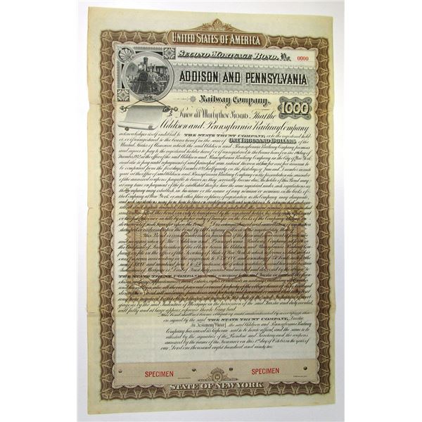 NY. Addison and Pennsylvania Railway Co., 1892, Specimen Coupon Bond Rarity.