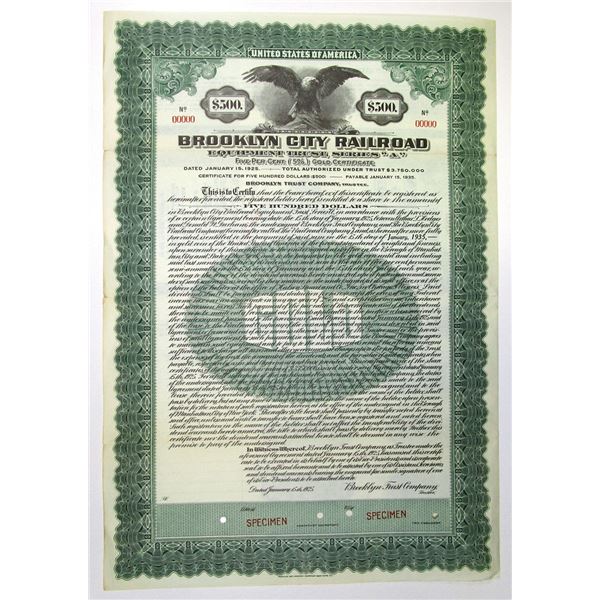 NY. Brooklyn City Railroad Equipment Trust, 1925, Specimen 5% Gold Coupon Bond.