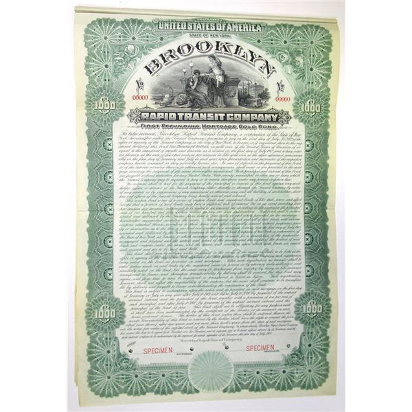 NY. Brooklyn Rapid Transit Co., 1902 (1907), Specimen 4% First Refunding Mortgage Gold Coupon Bond.