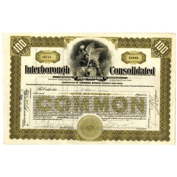 NY. Interborough Consolidated Corp. 1922 I/U Stock Certificate