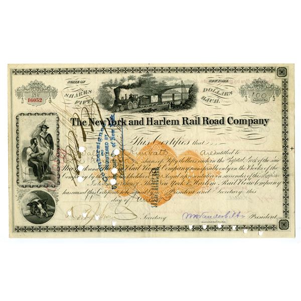NY. New York and Harlem Rail Road Co., 1873, I/C Stock Certificate Signed by W. A. Vanderbilt as Pre