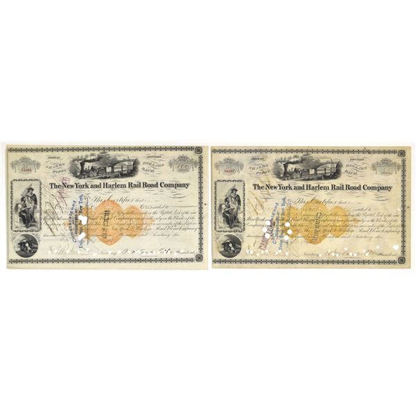 NY. New York and Harlem Rail Road Co., 1873, I/C Stock Pair Signed by W. A. Vanderbilt as President 
