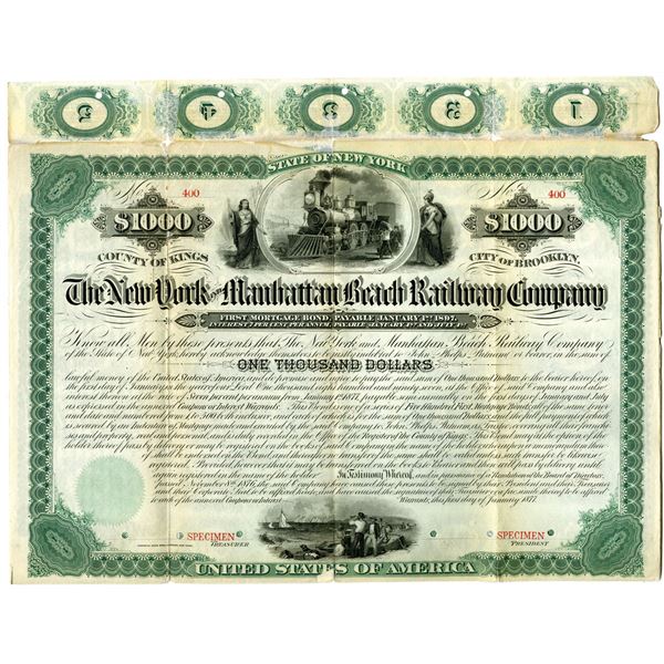 NY. New York and Manhattan Beach Railway Co., 1877, Unlisted Specimen Coupon Bond Rarity.