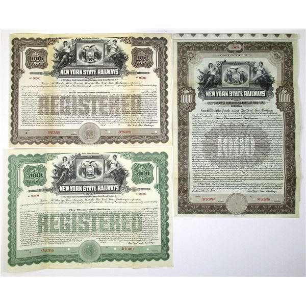 NY. New York State Railways, 1912, Specimen (Registered and Coupon) 4 1/2% Gold Bond Trio.