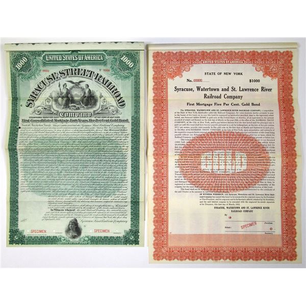 NY. Syracuse and Watertown Area Railroads, 1895 to 1912, Specimen Coupon Bond Pair.