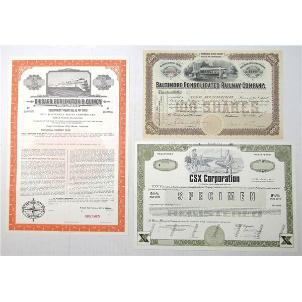 NY., MD. & VA. Railroad Specimen and Issued Stock and Bonds, ca.1898 to 1986.