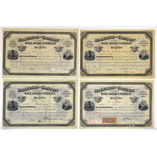 NC. Raleigh and Gaston Railroad Co., 1867 to 1876, I/C Stock Quartet.