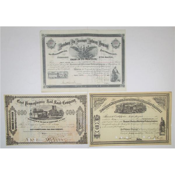 PA. Pennsylvania Railroad I/C Stock Certificate Trio, ca.1872-1923