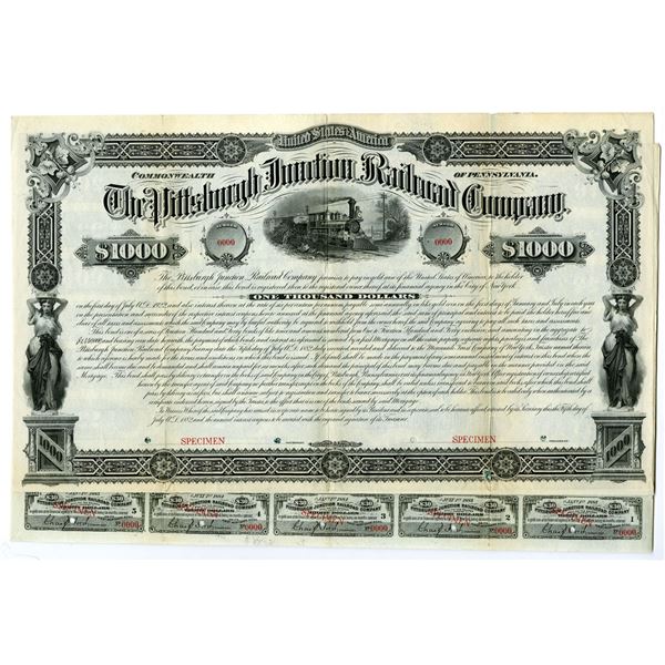 PA. Pittsburgh Junction Railroad Co., 1882 Specimen 6% Gold Coupon Bond Rarity.