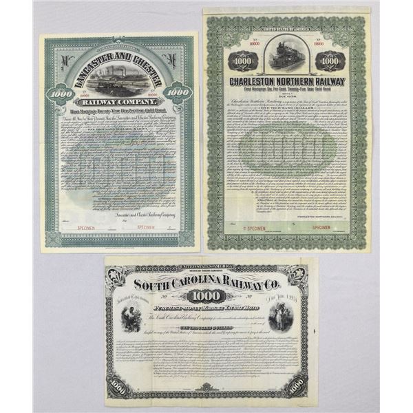 SC. South Carolina Rail Roads, 1881 to 1913, Specimen and Proof Bond Trio.