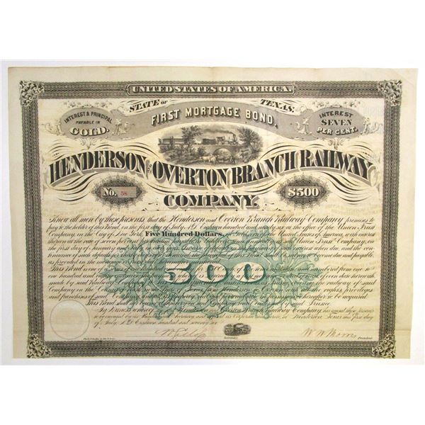 TX. Henderson and Overton Branch Railway Co., 1876 I/U 7% Gold Coupon Bond.