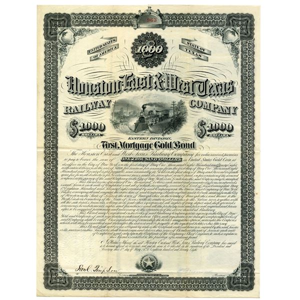 TX. Houston East & West Texas Railway Co., Eastern Division, 1878 Issued 7% Gold Coupon Bond.