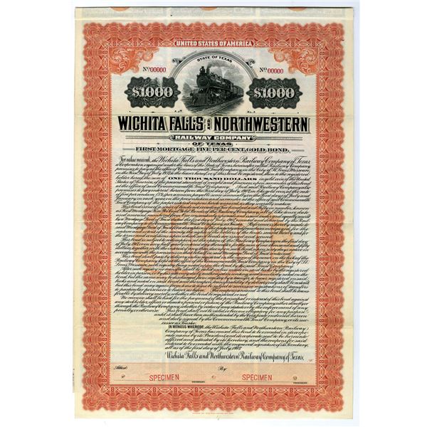 TX. Wichita Falls and Northwestern Railway Co. of Texas, 1907 Specimen 5% Gold Coupon Bond.