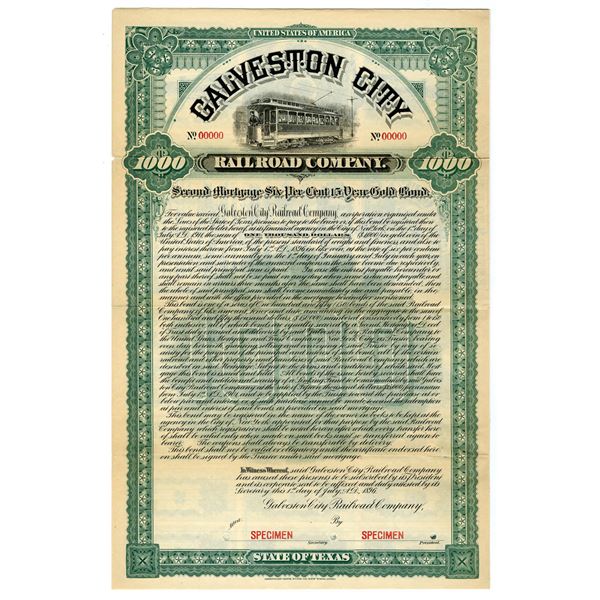 TX., Galveston City Railroad Co. 1896 Specimen Bond Rarity