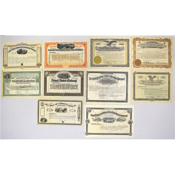 Michigan and NJ Railways and Industrial Related Stock Certificate Assortment, 1894 to 1924