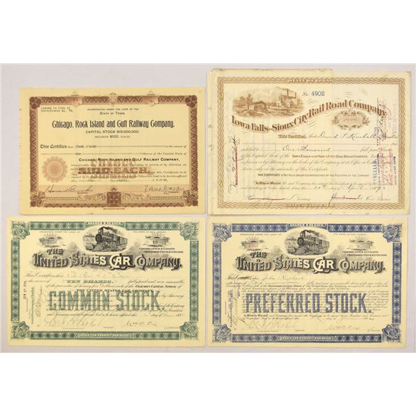 Texas, Iowa, and New Jersey, 1887 to 1943, Railroad and Transportation Stock Certificate Group.