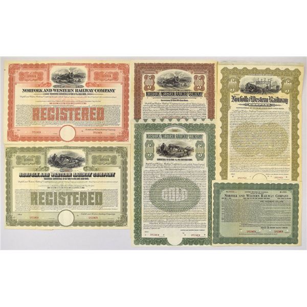VA. Norfolk and Western Railway Co., 1912 to 1919, Specimen Coupon and Registered Railroad Bonds.