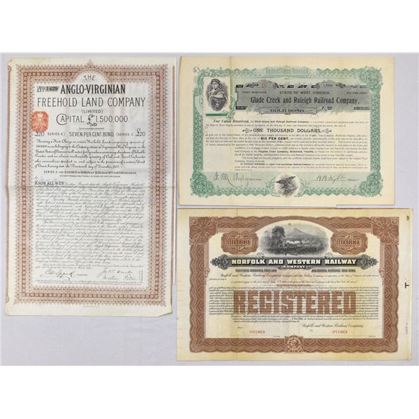 VA., WV., Virginia and West Virginia Railroad and Land Related Bonds, 1879 to ND (1890-1900s).