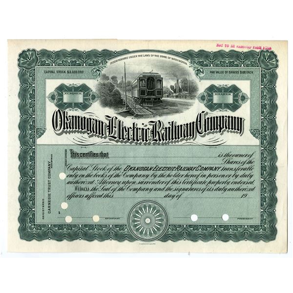 WA. . Okanogan Electric Railway Co., ca.1900-1920 Specimen Stock Certificate.