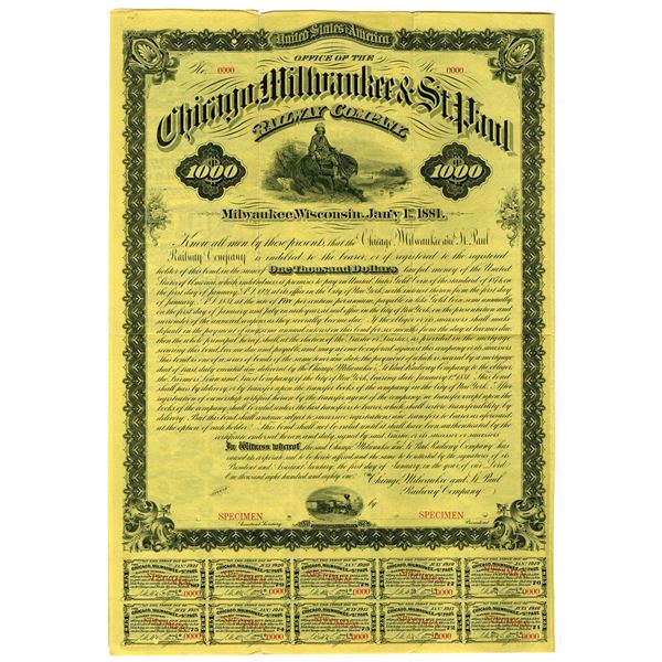 WI. Chicago, Milwaukee & St. Paul Railway Co., 1881, Specimen Gold Coupon Bond.