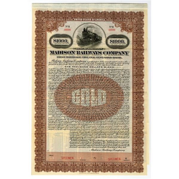 WI. Madison Railways Co., 1916 Specimen Gold Coupon Bond Rarity.