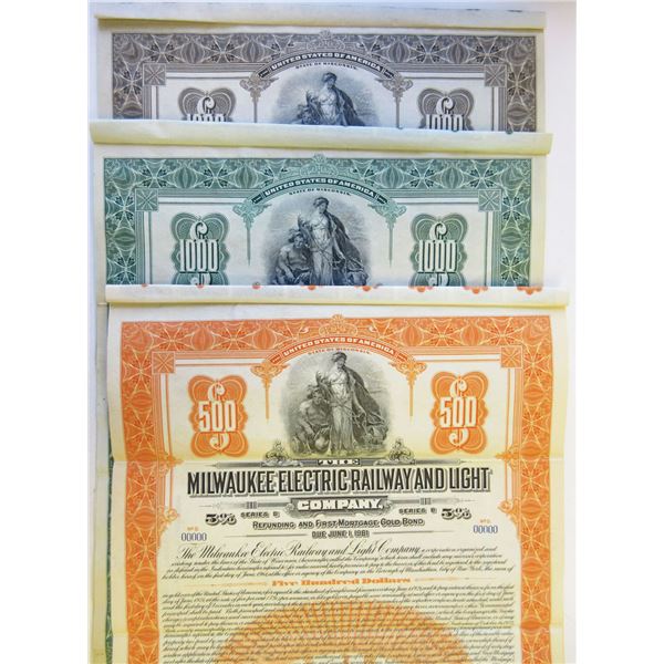 WI. Milwaukee Electric Railway and Light Co., 1921 Trio of Specimen Bonds