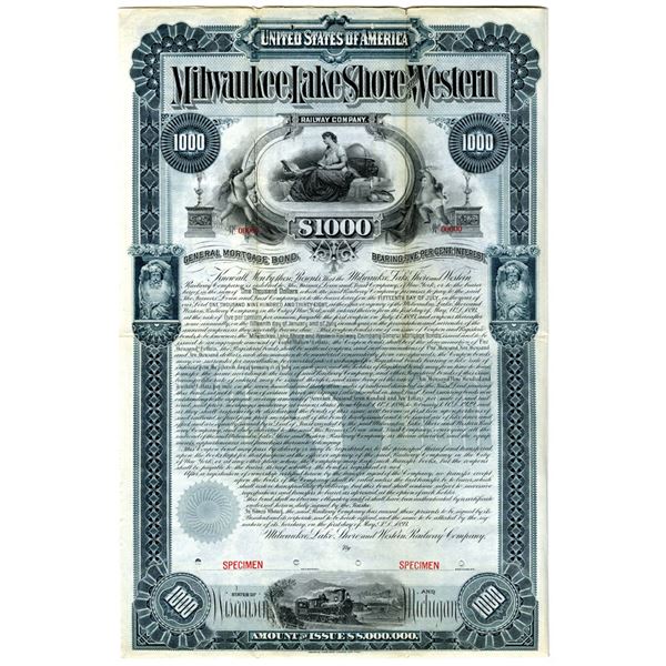 Milwaukee, Lake Shore and Western Railway Co. 1893 Specimen Bond Rarity