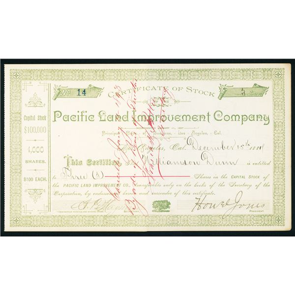 CA. Pacific Land Improvement Co. 1887 I/C Los Angeles  Stock Certificate.