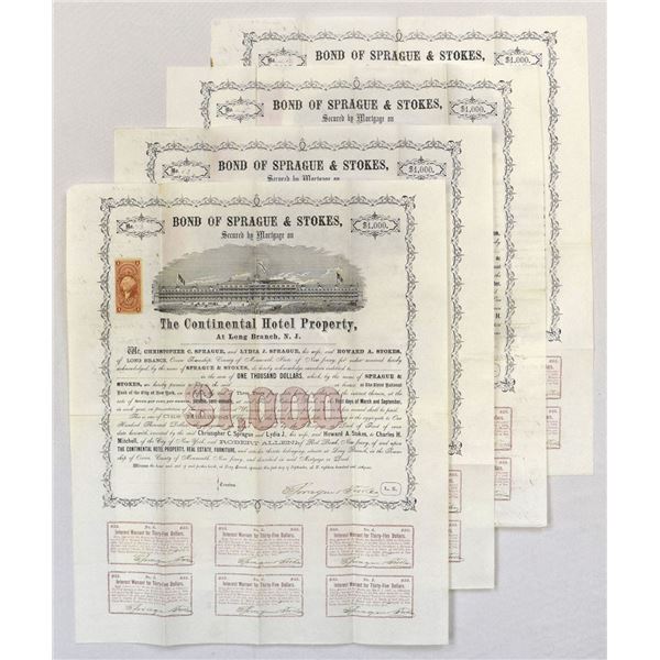 NJ. Continental Hotel Property, 1866, I/U Coupon Bond Quartet.