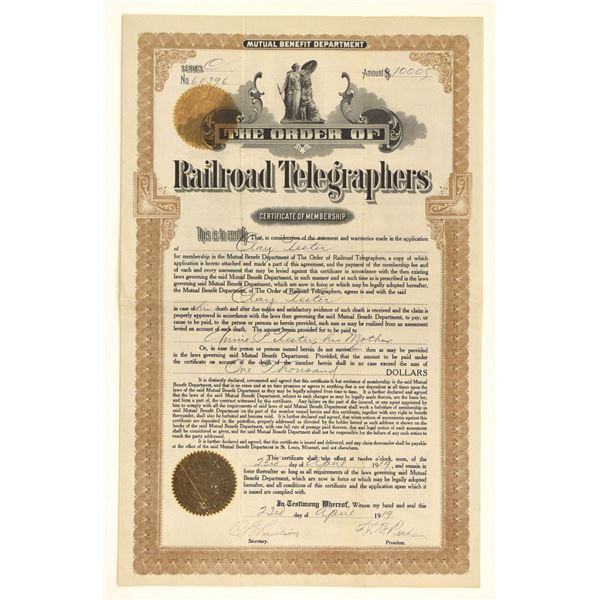 MO. Order of Railroad Telegraphers, 1919, I/U Mutual Benefit Membership Certificate