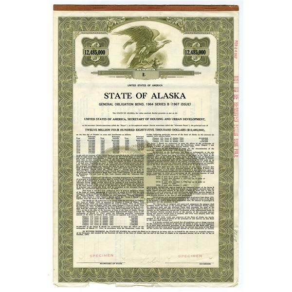 AK. State of Alaska, 1964  Series B "Earthquake" Bond Specimen Issued to Meet the Effects of the Ear