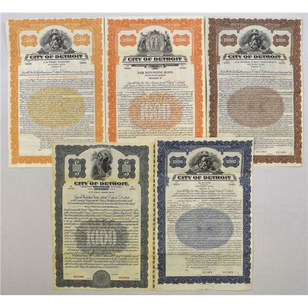 MI. City of Detroit, 1925 to 1936, Specimen Bond Quintet.