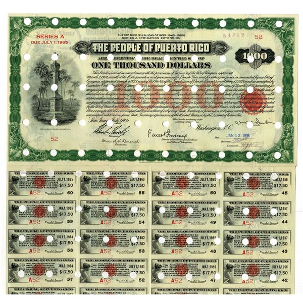 Puerto Rico, 3 1/2% Loan of 1935 (1945-65) Series A, Irrigation Extension, $1000 I/C Bond by BEP.