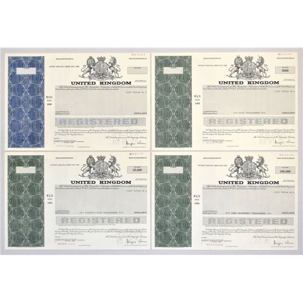 United Kingdom Treasury Bonds, 1985 to 1993, Specimen Registered Bond Quartet.