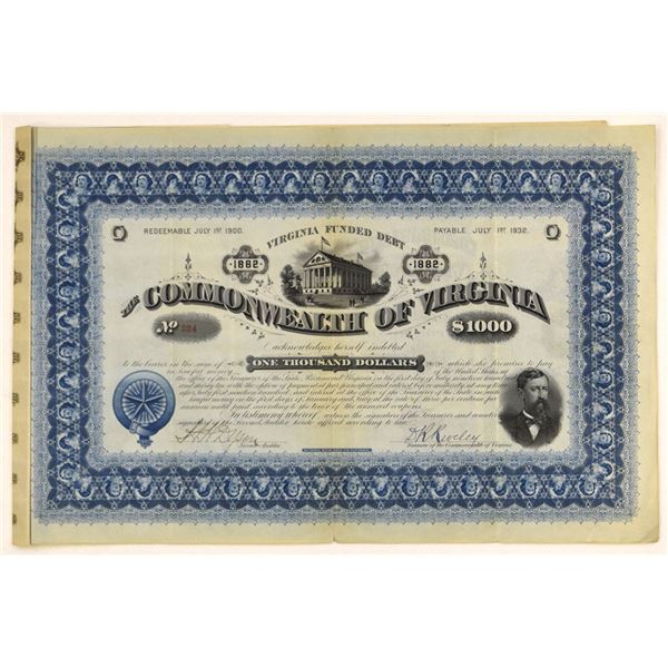 VA. Commonwealth of Virginia, 1882, I/U Coupon Bond.