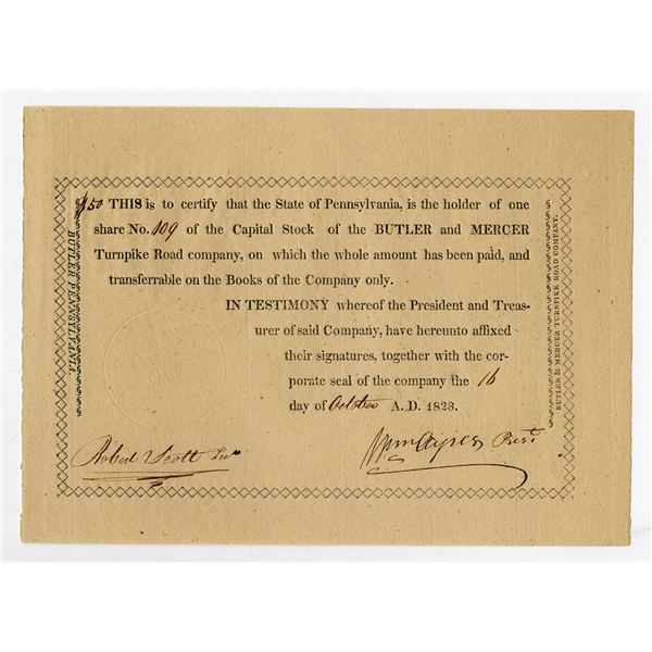 PA. Butler and Mercer Turnpike Road Co., 1823, I/U Turnpike Stock Certificate