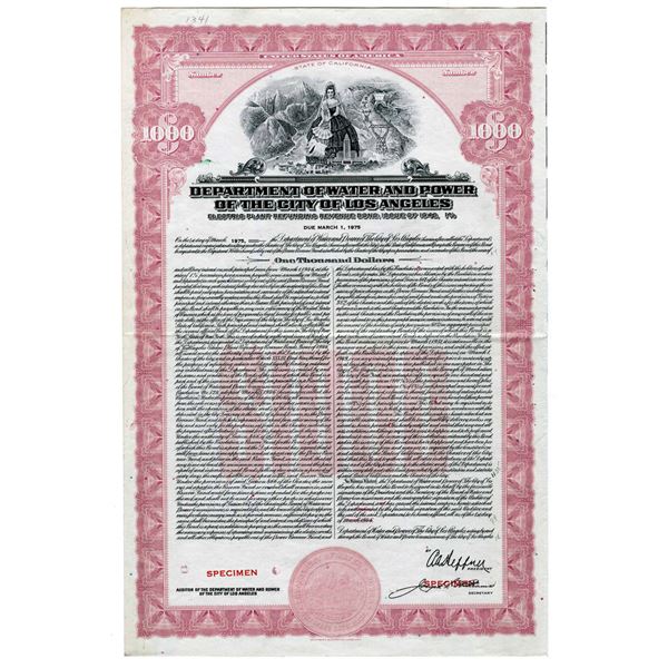 CA. Department of Water and Power of the City of Los Angeles 1946 Specimen Bond Used as Model.