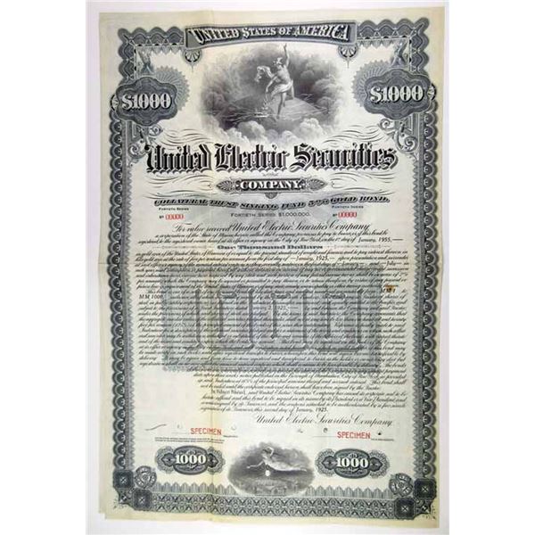 ME. United Electric Securities Co., 1925. $1000 Specimen 5% Bond.