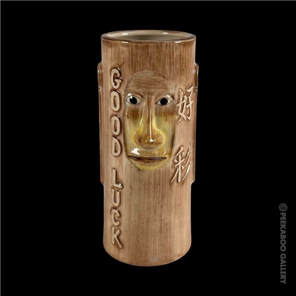 HAWAIIAN VILLAGE "GOOD LUCK" TIKI MUG w/ ORIGINAL OMC STICKER.