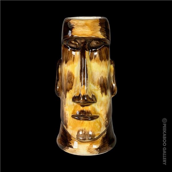 SKIPPER KENT'S BROWN & YELLOW BRUSHED GLAZE MOAI TIKI MUG.